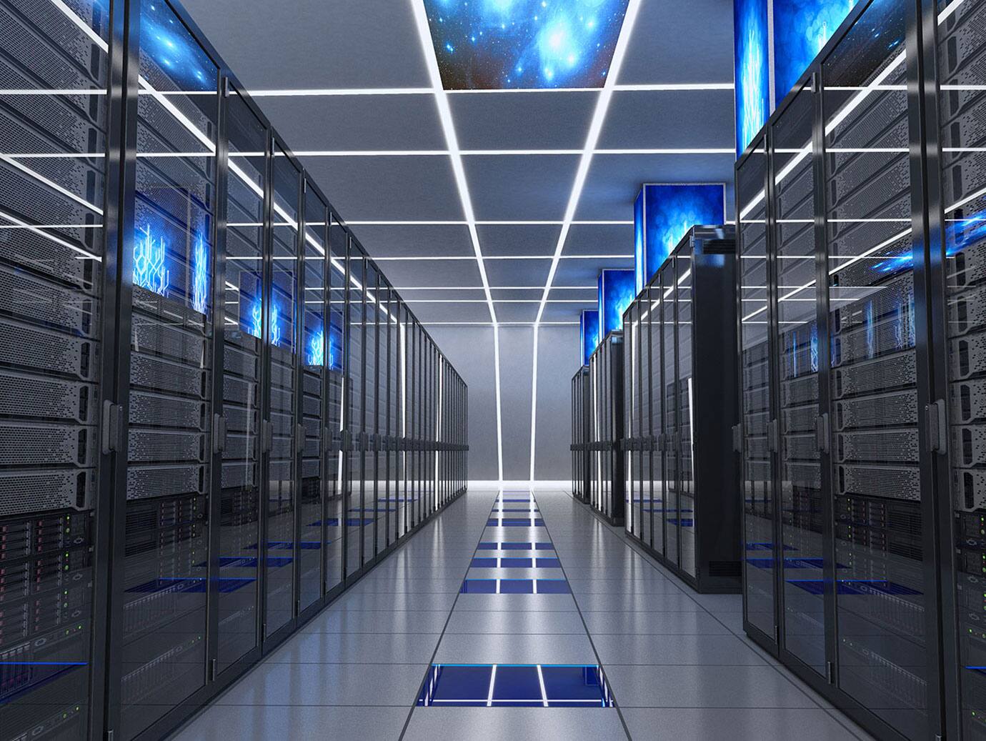 Hallway with data racks on either side