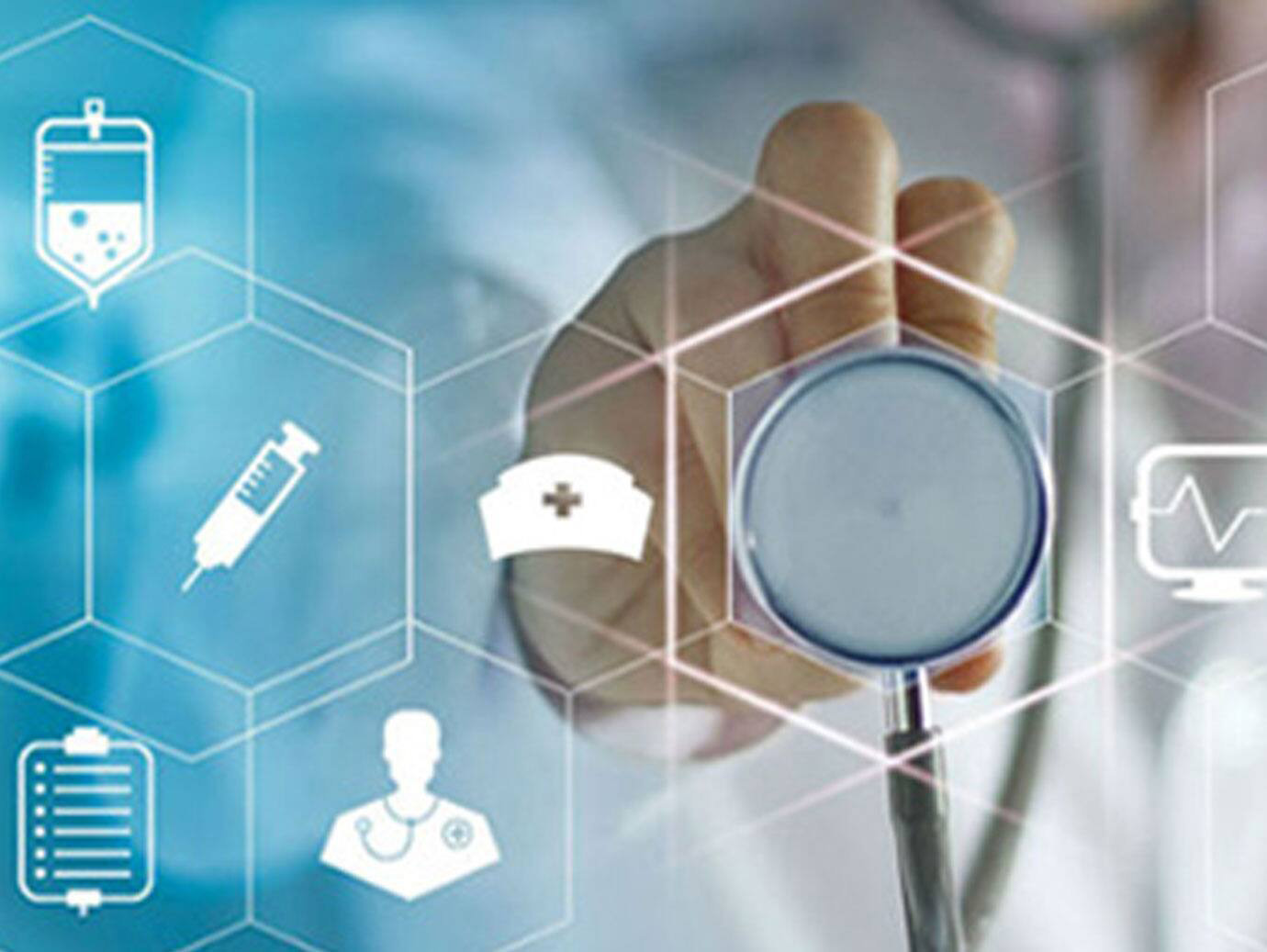 The diaphragm of a stethoscope with icons related to the medical field